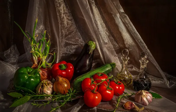 Greens, the dark background, table, bow, eggplant, fabric, pepper, still life