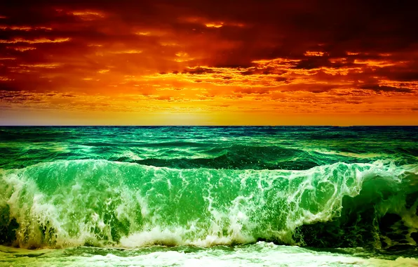 Sea, wave, the sky, clouds, sunset, storm, rendering, treatment