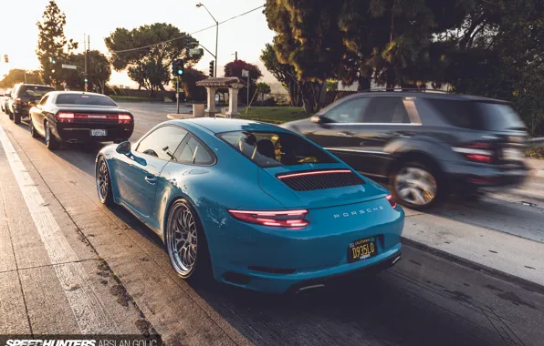 Road, machine, the city, blue, 911, Porsche