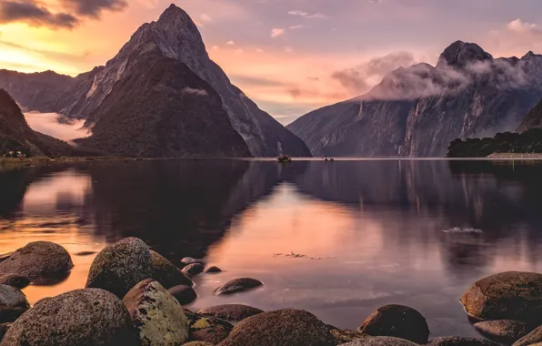 Clouds, landscape, sunset, mountains, nature, lake, reflection, stones