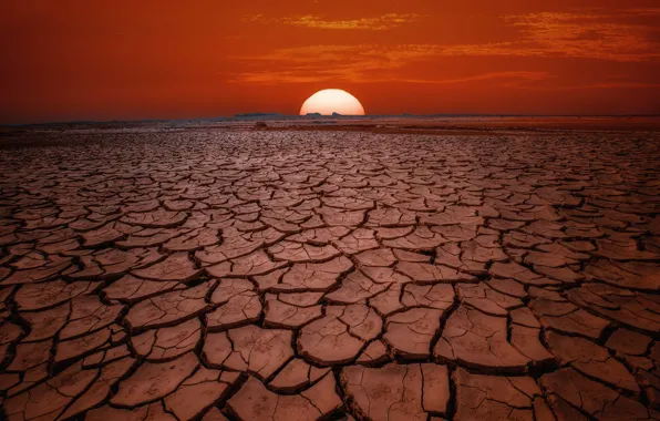 Sunset, cracked, earth, desert, dry