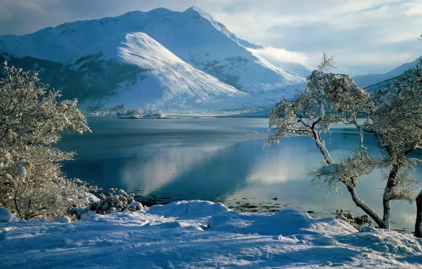 Winter, frost, the sky, snow, trees, mountains, river