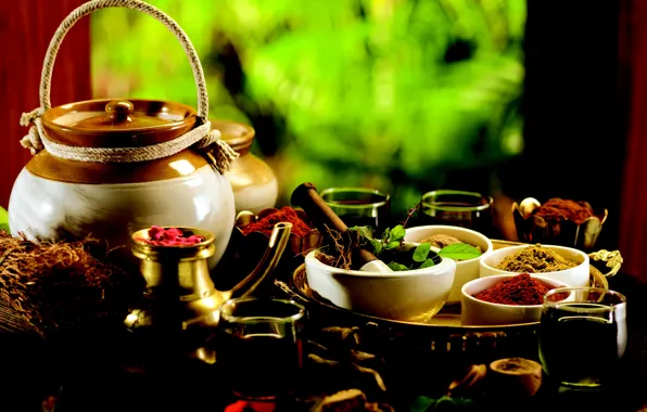 Picture bowl, kettle, pitcher, glass, medicine, tray, spices, blurred background