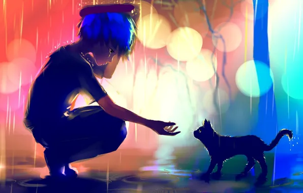 Cat, lights, rain, hand, anime, art, puddles, guy