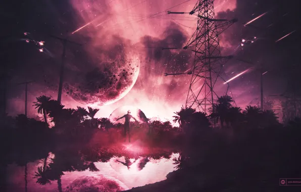 Space, red, moon, trees, water, night, desktopography, stars