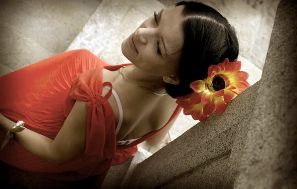 Red, dress, brunette, barrette