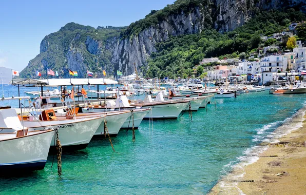 Picture sea, rocks, shore, island, home, boats, Italy, Italy