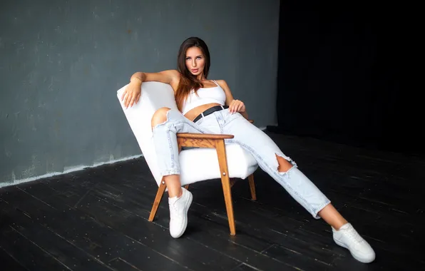 Girl, pose, feet, chair, top, long hair, on the floor, sneakers