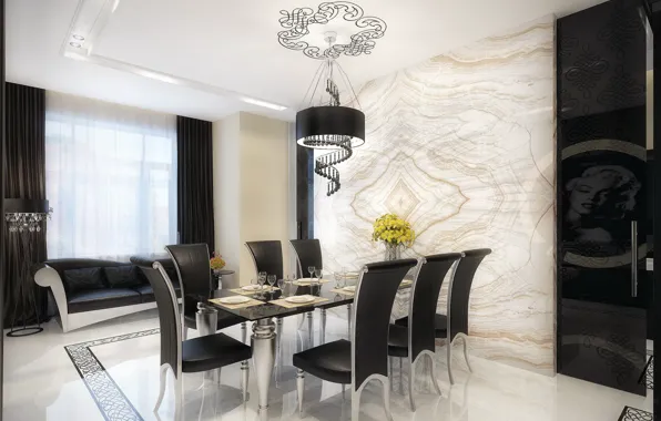Picture design, table, room, sofa, interior, window, chair, chandelier