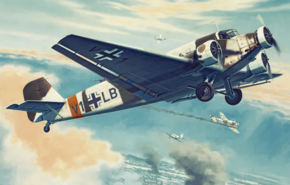 Picture war, ww2, aircraft, painting, drawing, Junkers JU-52