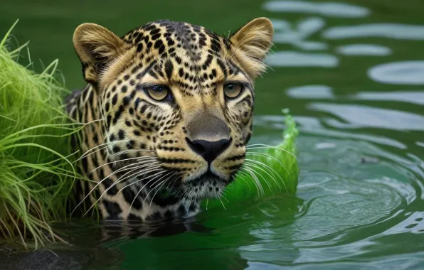 Picture cat, grass, water, art