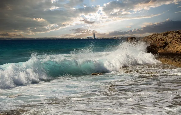 Sea, wave, beach, the sky, clouds, squirt, storm, the city