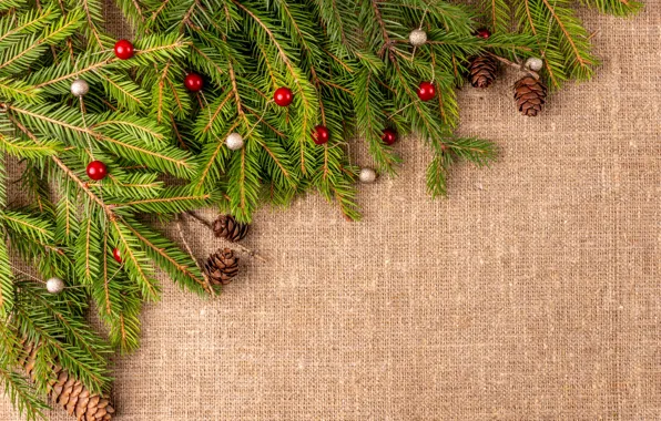 Balls, branches, background, Christmas, New year, needles, bumps, burlap
