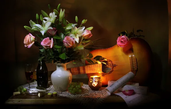 Flowers, berries, notes, wine, Lily, bottle, guitar, roses