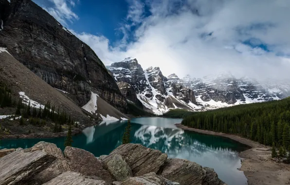 Landscape, mountains, lake, Valley of the Ten Peaks