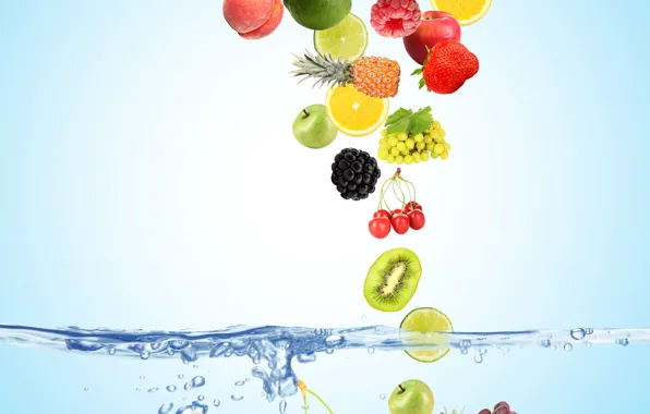 Water, bubbles, cherry, berries, raspberry, background, blue, lemon