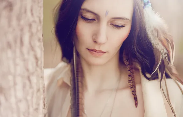 Sadness, girl, face, background, feathers