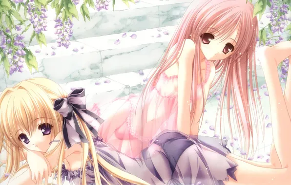 Girl, petals, ladder