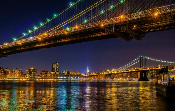 The sky, night, bridge, lights, river, home, new York, USA