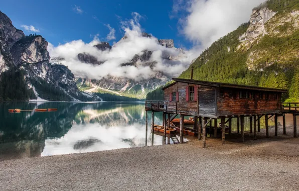 Mountains, lake, Alps, house