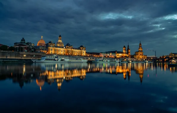 Picture reflection, river, building, home, Germany, Dresden, pier, night city