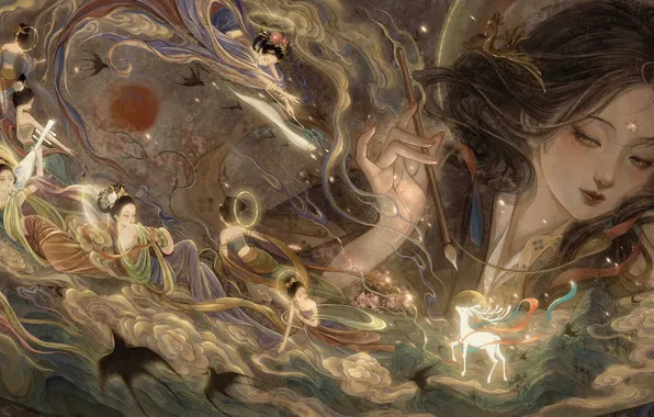Girl, deer, fantasy, China, brush, goddess