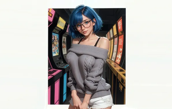 Girl, blue hair, slot machines, sweet girl, girl with glasses, girl in shorts, anime art, …
