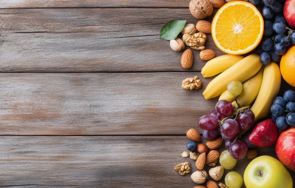 Apples, Board, oranges, strawberry, grapes, bananas, fruit, nuts