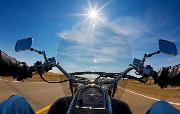 Road, the sun, nature, movement, view, speed, face, motorcycle