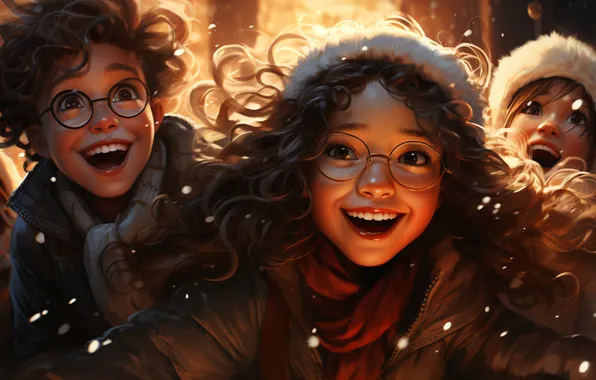 Glasses, Smile, Christmas, New year, Girls, Joy, Three, Digital art