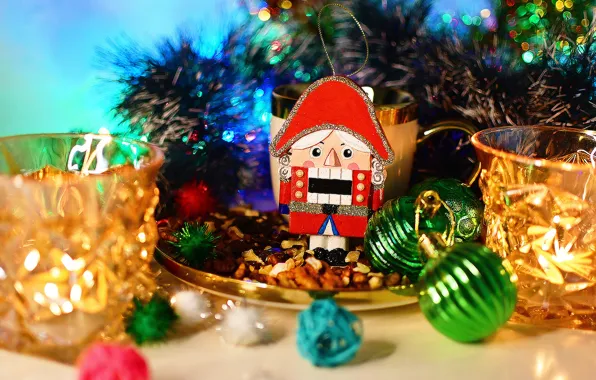 Holiday, candles, glasses, Christmas, New year, nuts, tinsel, Christmas decorations