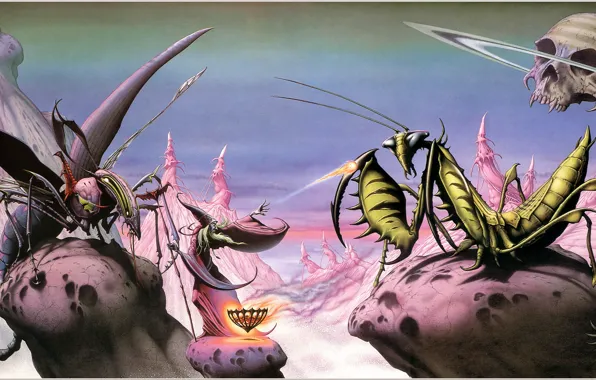 Fiction, rocks, skull, mantis, insect, Rodney Matthews