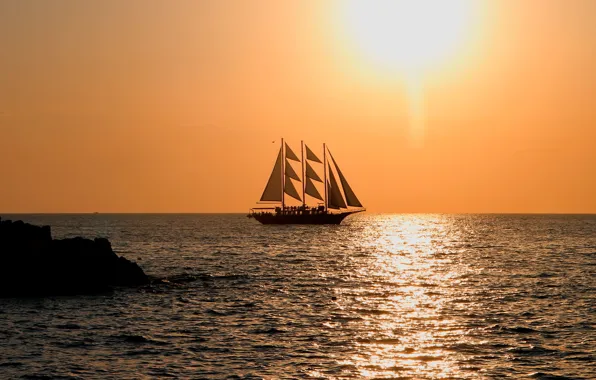 The ocean, sailboat, the evening, evening, sun, sailboat