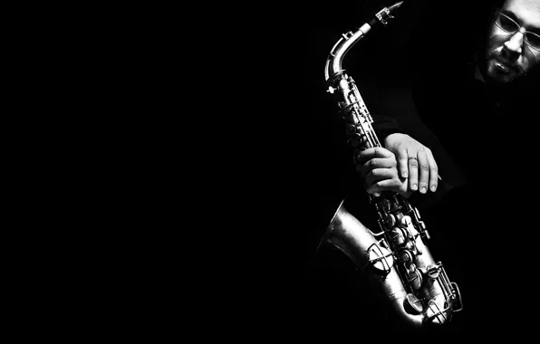 Picture face, b/W, Saxophone, black background, musical instrument, black and white, Saxophone, man.hands