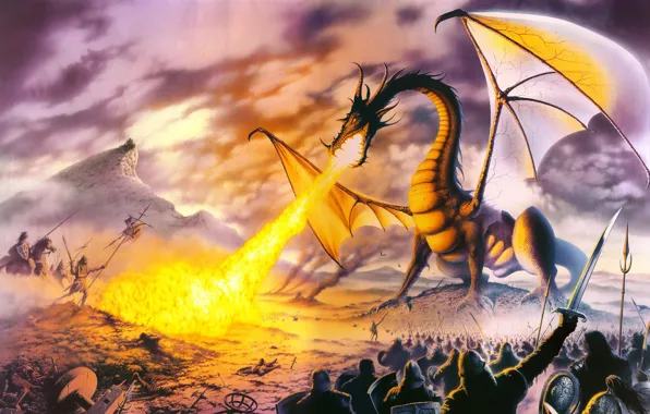 Fantasy, fire, dragon, STEVE READ, Dragon Lord, warriors
