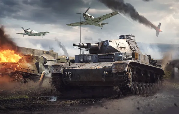 War, the game, smoke, dirt, puddles, tanks, aircraft, War Thunder