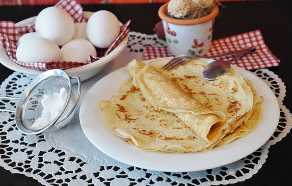 Picture eggs, plates, sugar, pancakes, cakes, napkin, carnival, powder