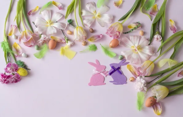 Flowers, eggs, spring, Easter, tulips, white, happy, flowers