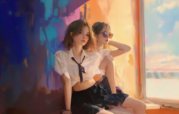 Picture girl, anime, art, window, Top, miniskirt, sun day, school girls
