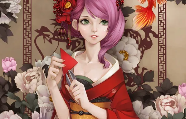 Picture girl, flowers, paper, fish, fish, art, kimono, scissors