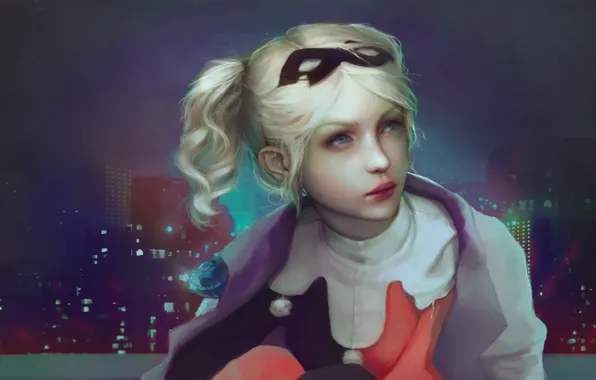 Look, the city, the evening, window, art, blonde, drawn girl