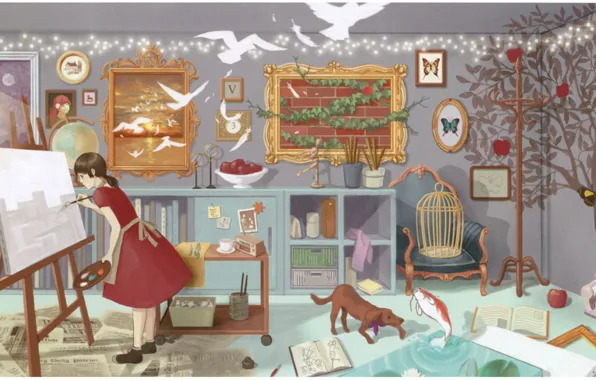 Room, magic, apples, frame, books, fish, dog, cell