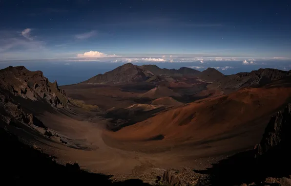 The sky, stars, clouds, mountains, night, blue, rocks, hills
