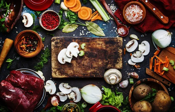 Greens, table, mushrooms, Board, bow, items, a lot, spices