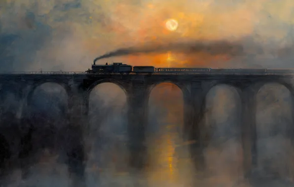 The sky, the sun, sunset, bridge, fog, dawn, smoke, train