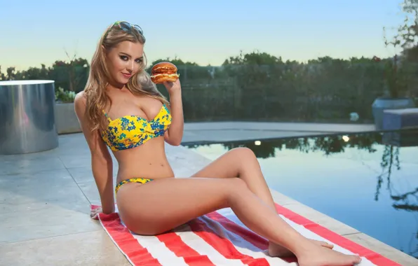 Pool, big boobs, bikini, Lauren Hanley, burger