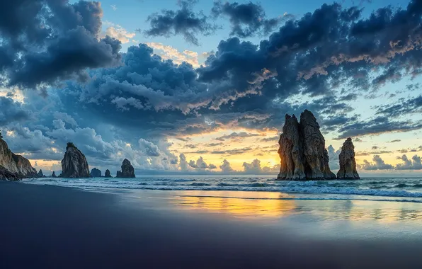 Sea, sunset, shore