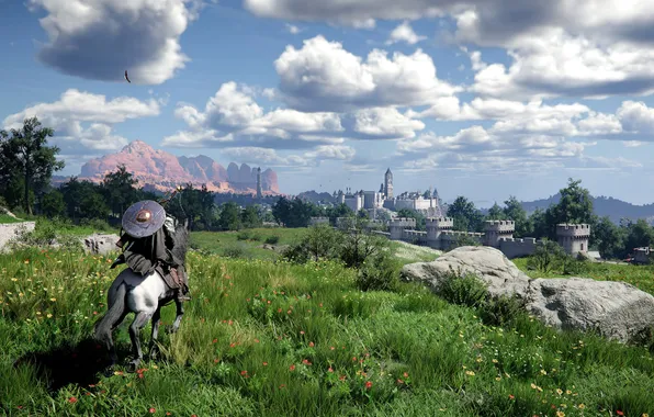 The sky, clouds, field, The game, Castle, rider, adventure, open world