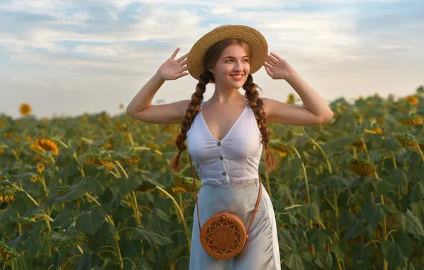 Field, summer, the sky, look, girl, sunflowers, pose, skirt