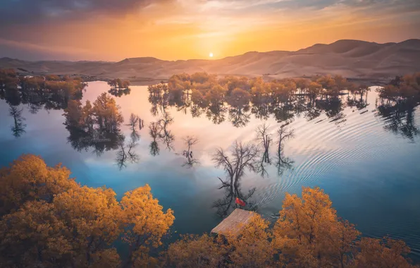 Autumn, the sky, trees, mountains, reflection, dawn, hills, foliage